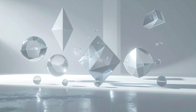 Abstract geometric shapes floating in a minimalist space representing quantum superposition and physical particle states in a clear and modern digital art composition for technology.