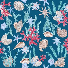Deep Teal Reef Underwater Coral Pattern © Viktoriia