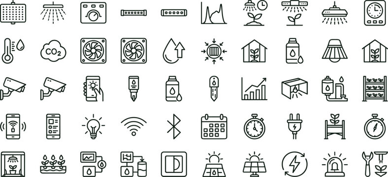 Smart greenhouse monitoring automation outline icon set featuring sensor irrigation lighting analytics vector collection for dashboards interfaces agriculture environmental control systems