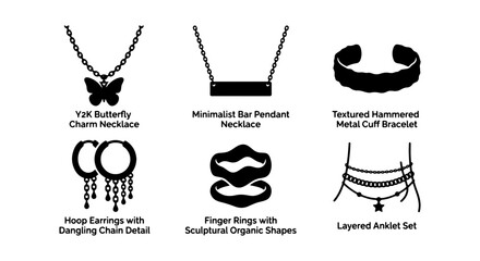 Minimalist jewelry icon set with butterfly necklace, bar pendant, hammered cuff bracelet, hoop earrings, organic rings and layered anklet vector © Mohammad