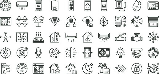 Smart home automation climate control outline icon set featuring temperature humidity sensor monitoring vector collection for dashboards interfaces energy management systems © love you ma