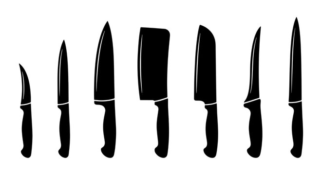 Professional kitchen knife set silhouettes, 7 black chef cutlery vector icons, culinary steel blade collection for restaurant menu design