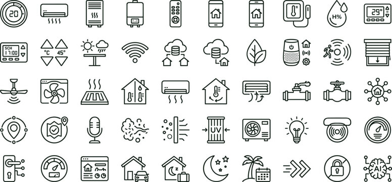 Smart home automation climate control outline icon set featuring temperature humidity sensor monitoring vector collection for dashboards interfaces energy management systems