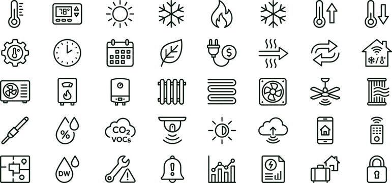 Smart home climate control monitoring outline icon set featuring temperature humidity ventilation vector collection for dashboards interfaces automation energy management systems