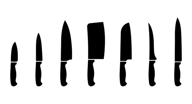 Professional kitchen knife silhouettes set, 7 black chef cutlery icons, culinary butcher cleaver and paring knife vector collection for restaurant menu
