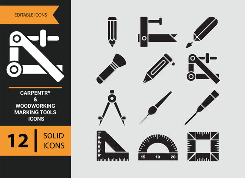 Carpentry Woodworking Marking Tools Solid Icons for Craft Precision