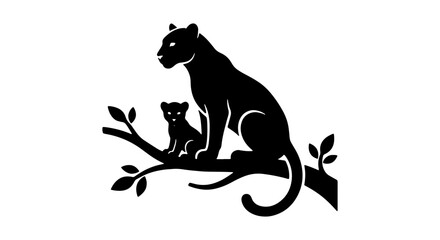 Black panther silhouette with cub on tree branch, wild leopard mother and baby vector icon, jungle animal family logo on white background © Hasan