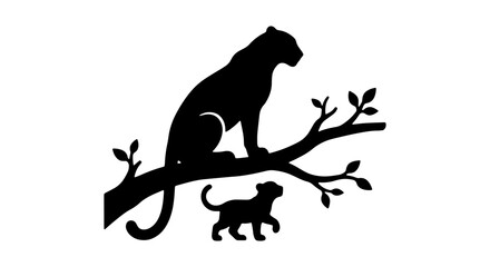 Black leopard silhouette on tree branch, wild panther with cub vector illustration, predatory cat animal family icon on white background © Hasan
