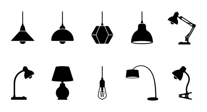 Modern lamp silhouette collection, set of 10 interior lighting icons, minimalist black desk lamps and ceiling pendant lights, home decor vector elements