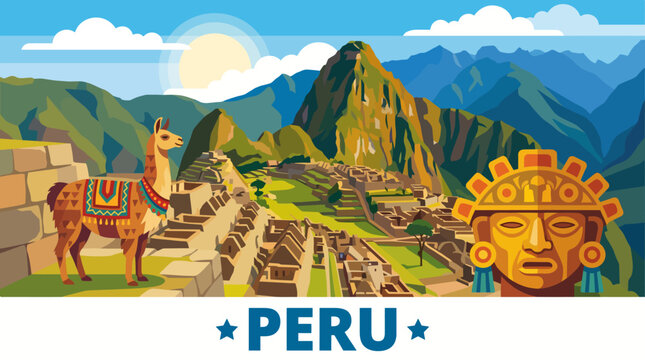 This striking illustration showcases the historic site of Machu Picchu, featuring a llama against a backdrop of stunning mountains and ancient architecture.