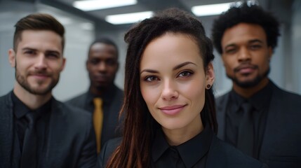 Obraz premium A diverse team of professionals pose in a modern corporate setting conveying confidence and collaborative success