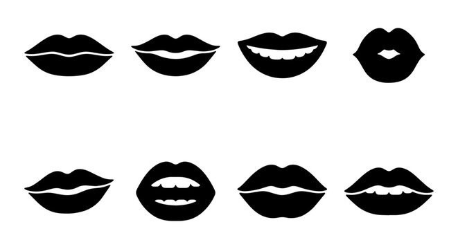 Black lips silhouette icons, set of 8 female mouth vector illustrations, minimalist lipstick kiss marks and smiling lip shapes for beauty branding