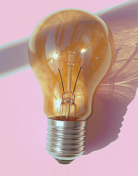 Golden vintage bulb glowing on pink wall with dramatic shadow. Retro lighting object with warm contemporary mood.