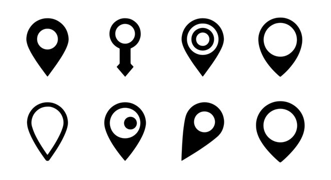 Minimalist map pin icons set, black location pointer vector collection, 8 navigation marker symbols for web interface and mobile apps