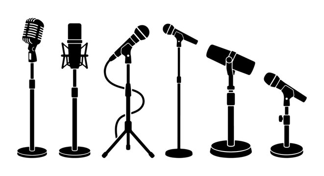 Professional microphone silhouette set, 6 studio and stage mic icons on stands, black audio equipment vector graphics for podcast and music recording