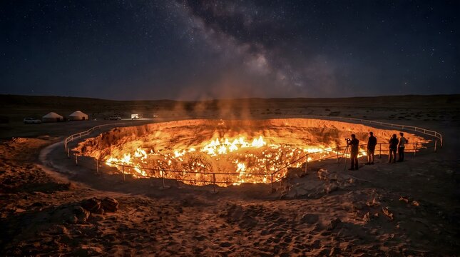 The Gates of Hell under a starry sky &ndash; Darvaza Gas Crater, Turkmenistan
