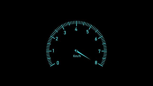 Car speedometer dashboard. Futuristic dashboard meter animation with neon arc scale, precise motion graphics, and automotive UI concept. Smooth needle movement.