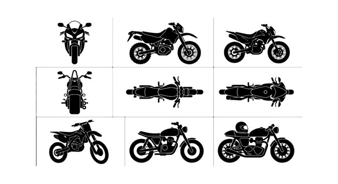 Black motorcycle silhouettes set, 9 motor bike vector icons from different angles, sport and dirt bike profile views, top and front perspective graphics