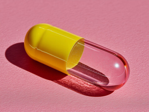 A glossy yellow and pink capsule on pastel surface with strong sunlight. Minimal pharmaceutical mockup with modern aesthetics.