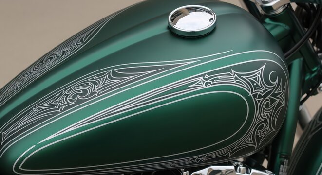 Close up view showcases the matte finish and intricate pinstripe designs on a green motorcycle fuel tank.