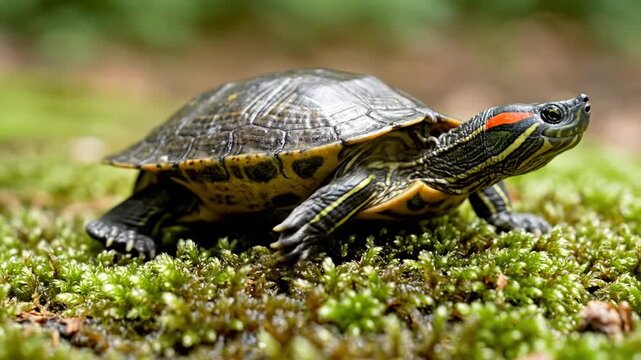 Small turtle on green moss ground.