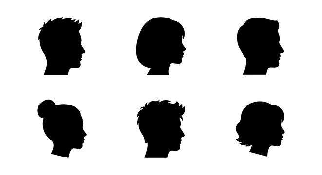 Minimalist human head silhouettes, set of 6 diverse male and female profile icons, black side view face portraits for user avatars and social media