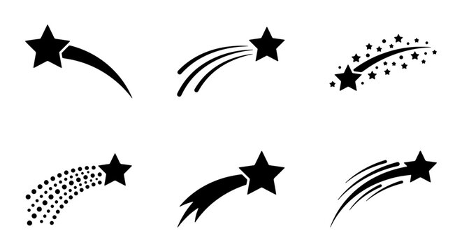 Shooting star vector icon set, black falling star silhouettes with stardust trails, 6 celestial comet elements for night sky design