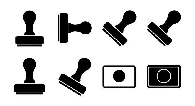 Rubber stamp icon set, black silhouette postage stamper symbols, 8 vector elements for office documentation and certification approval
