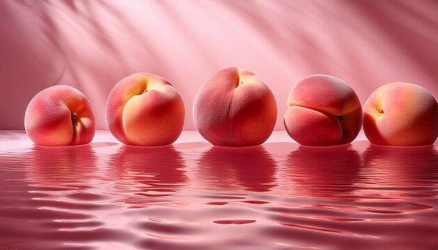 a few pink peaches are floating on the pink water the water has ripples and reflects the sunlight the peaches should be close to the color of the water and blend into the picture