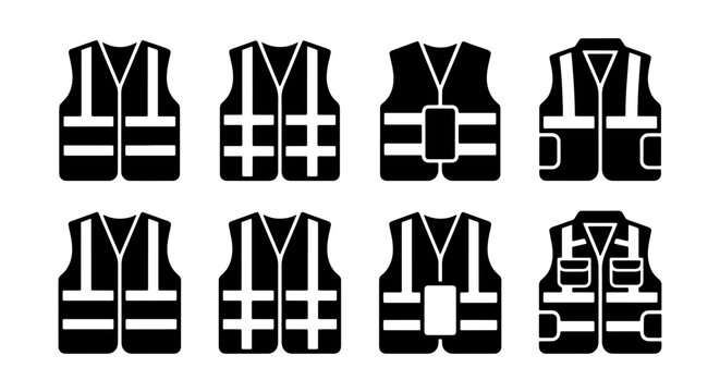 Safety vest icon set with 8 black vector elements, reflective high visibility workwear symbols, industrial protective clothing and construction uniform graphics