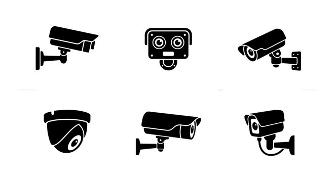 Security camera icon set, black CCTV surveillance system silhouettes, 6 digital video monitoring equipment vectors for safety and protection