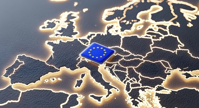 A conceptual 3D illustration of a glowing map of Europe with the European Union flag icon placed in the center, symbolizing European unity, digital integration, and geopolitics