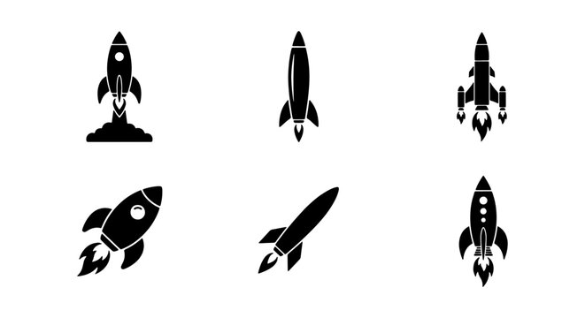 Rocket ship icon set in black silhouette style, 6 space shuttle vector elements, minimalist spacecraft launch symbols for business startup and technology