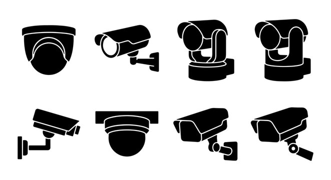 Security camera icon set, black silhouette CCTV surveillance equipment, 8 vector monitoring system elements for home and business safety