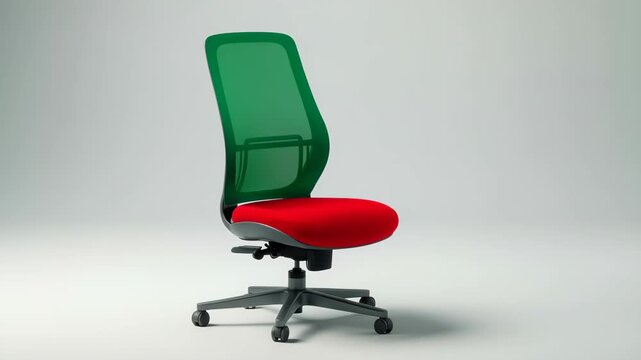 Giant halved watermelon morphed into ergonomic office chair with red flesh seat and green rind back on white background surreal concept 
