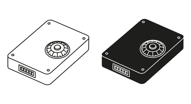 Isometric safe lock box vector icons, black and white security vault storage containers, mechanical combination dial lock hardware graphics