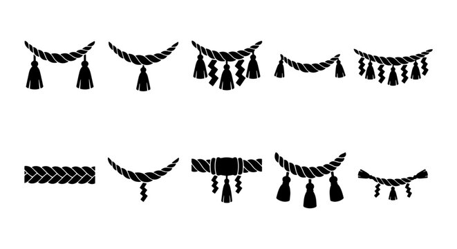 Japanese Shimenawa rope icons set, traditional Shinto sacred straw rope silhouettes, 10 decorative ritual cord vector elements for shrine design