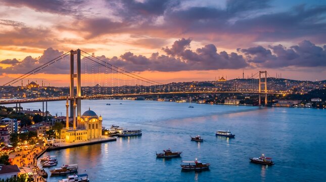 Bosphorus Bridge in Istanbul Connecting Europe and Asia at Sunset.
