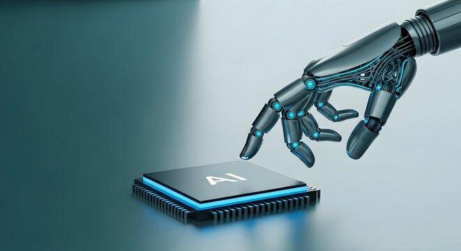 A high-tech 3D render of a futuristic robotic hand touching a glowing AI microprocessor chip, representing advanced artificial intelligence, machine learning, and hardware innovation