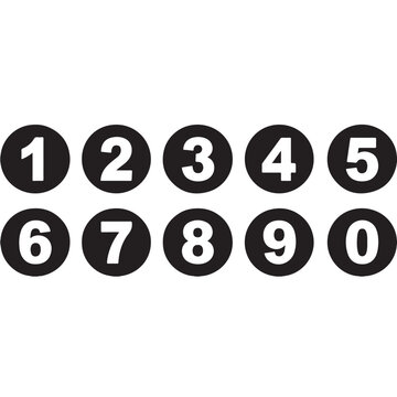 Black Circle Number Icons Set 0-9, White Bold Numerical Symbols for UI, Education, and Wayfinding