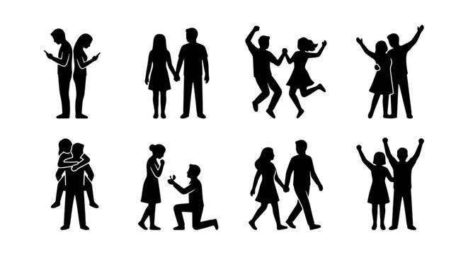 Romantic couple silhouettes set, 8 diverse relationship icons, man and woman in love poses, marriage proposal and dating vector graphics