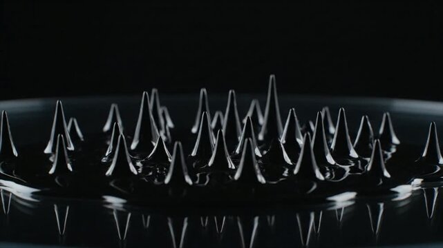 Ferrofluid spikes dance in magnetic field, abstract science formation, liquid metal spikes rise and fall with intriguing dynamic motion, close-up macro view.
