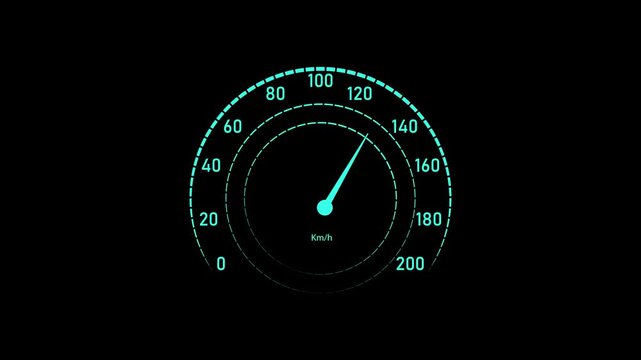Car speedometer dashboard. Futuristic dashboard meter animation with neon arc scale, precise motion graphics, and automotive UI concept. Smooth needle movement.