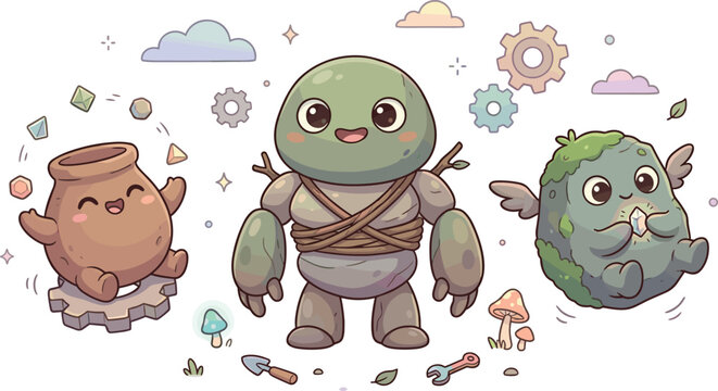 Set of funny cartoon monster characters with cute green frog toad turtle and smiling amphibian animals vector illustration