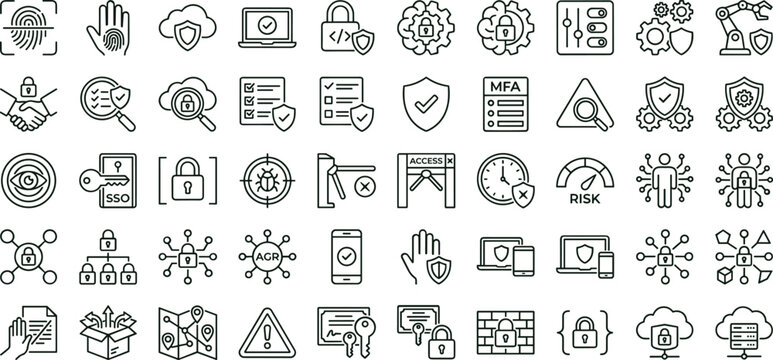 Cybersecurity authentication access control outline icon set featuring identity verification monitoring protection vector collection for dashboards interfaces presentations applications platforms