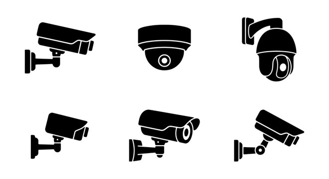Security camera icon set with 6 black vector silhouettes, surveillance CCTV camera equipment for home safety, monitoring system graphic elements