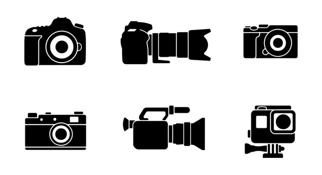 Professional camera icon set, black silhouette photography equipment collection, 6 vector dslr and video camera symbols for media design