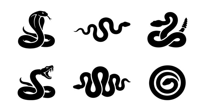 Black snake silhouette icons set, 6 reptile vector illustrations, cobra and rattlesnake graphic elements for logo design and tattoo art