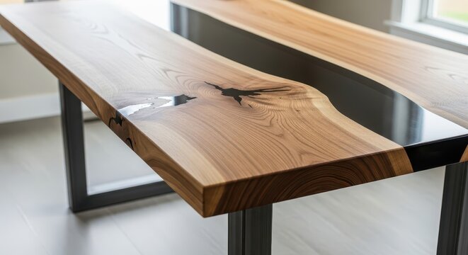 Modern dining table features a natural wood live edge slab combined with a glossy black resin inlay and sturdy metal legs.