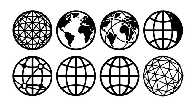 Global network icons set, 8 black vector globe symbols, world map and earth grid illustrations for logistics and communication business design